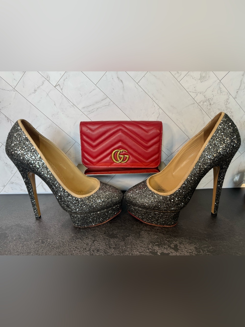 Charlotte Olympia Grey Glitter Dolly Platform Pumps Heels, Size 38